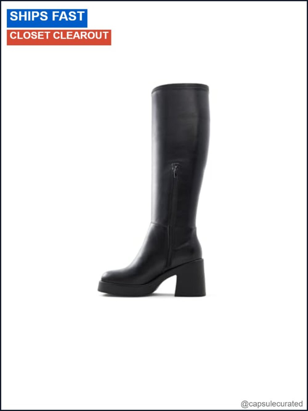 Knee High Block Heel Boots Square Toe Slip On Vegan PU